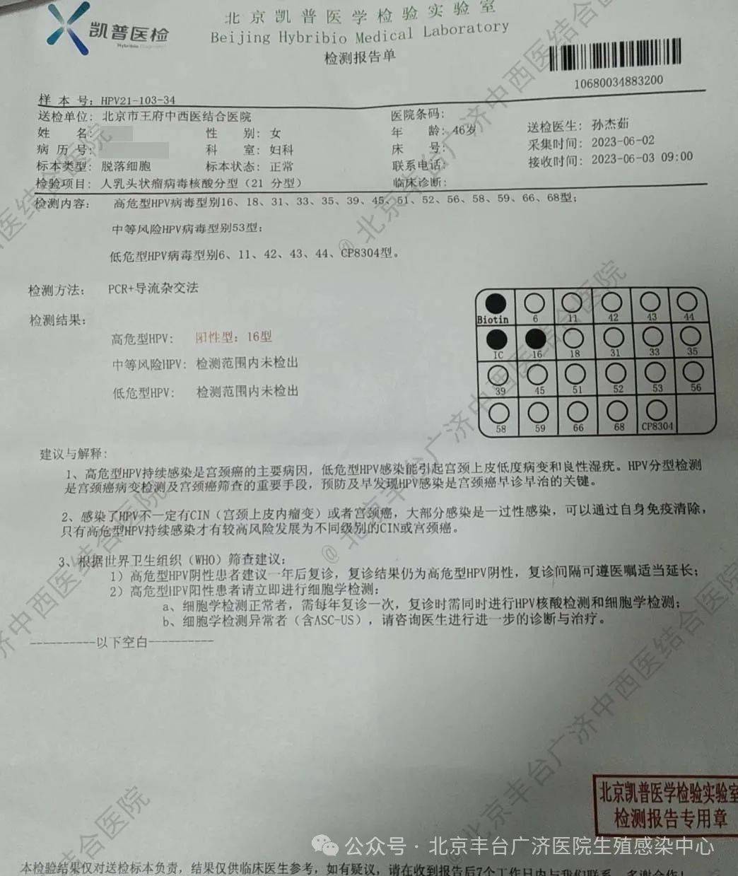 患者2023年复查hpv16阳性,tct检测显示无上皮内病变或恶性病变