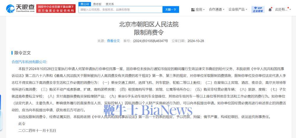 合创汽车及其法定代表人被限消