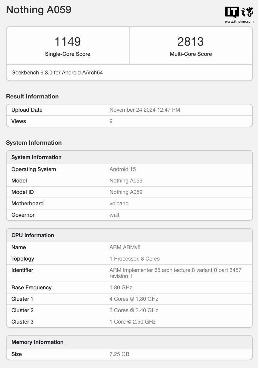 Nothing Phone (3) 手机现身跑分库：骁龙 7s Gen 3 + 8GB RAM