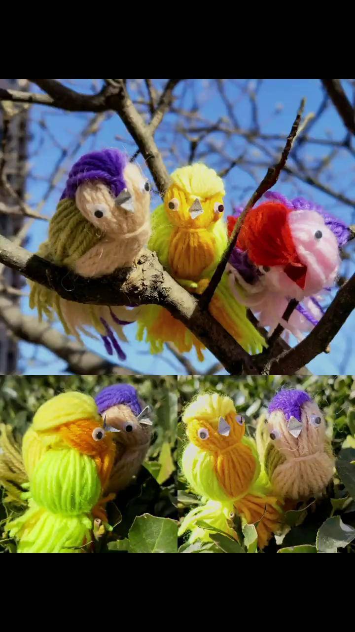 用毛线做小鸟,鸟儿说"春天来了" 手工diy 创意手工 幼儿园手工 手工