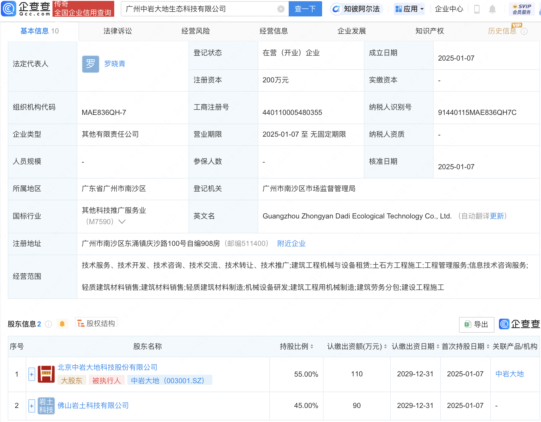 中岩大地投资成立生态科技新公司