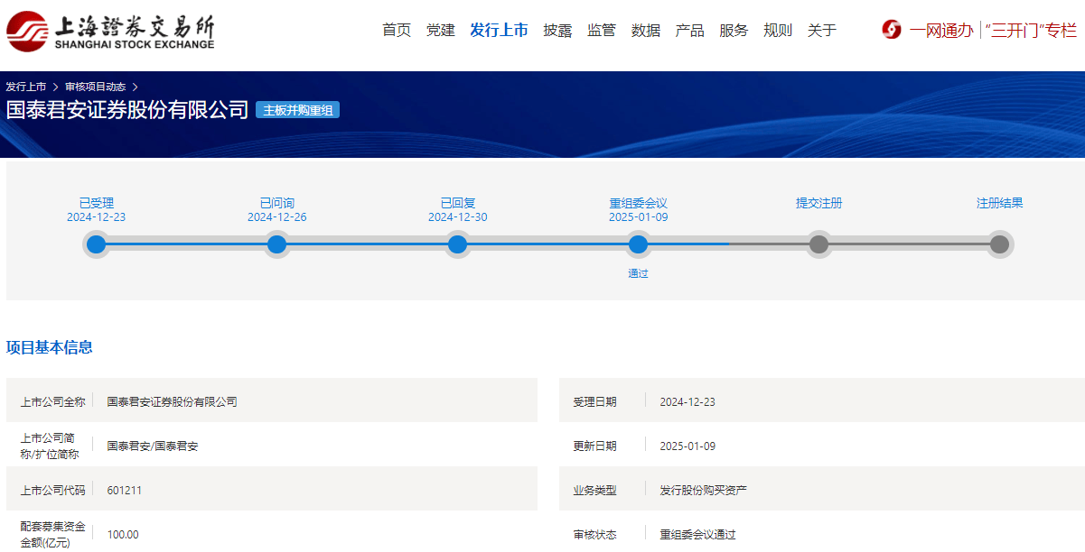 上交所并购重组审核委员会通过国泰君安发行股份购买资产