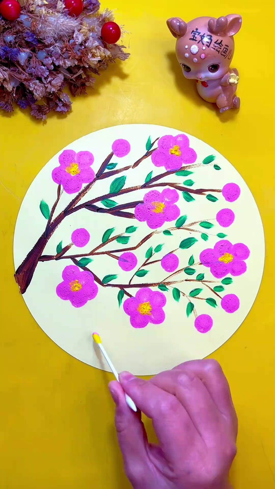 圆嘟嘟的小印章画《桃花朵朵开》桃花朵朵开 春天你好 丙烯画 拓印画