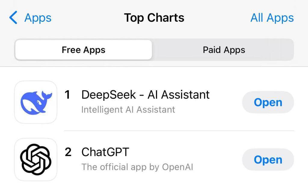 DeepSeek超越ChatGPT，登顶苹果美国区免费APP下载排行榜