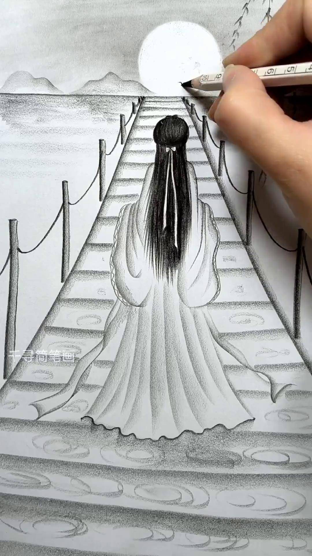 简单几笔画古风美人背影零基础学画画 古风炭笔画 古风人物绘画