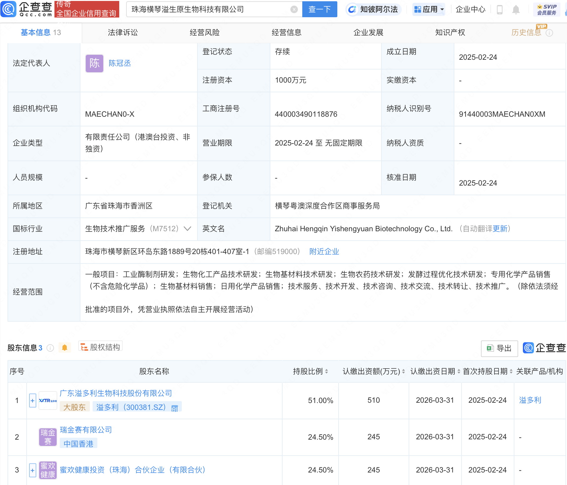 溢多利等投资新设生物科技公司