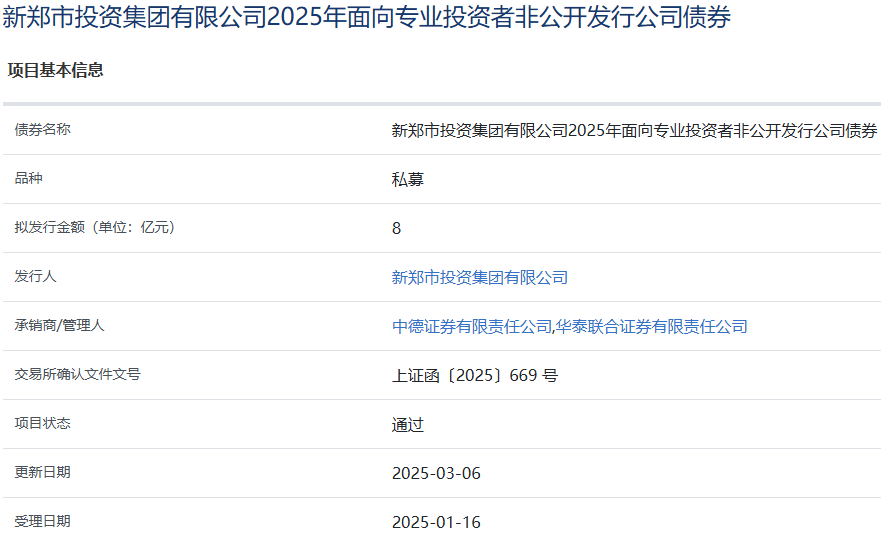 新郑市投资集团拟发行8亿元公司债，获上交所通过