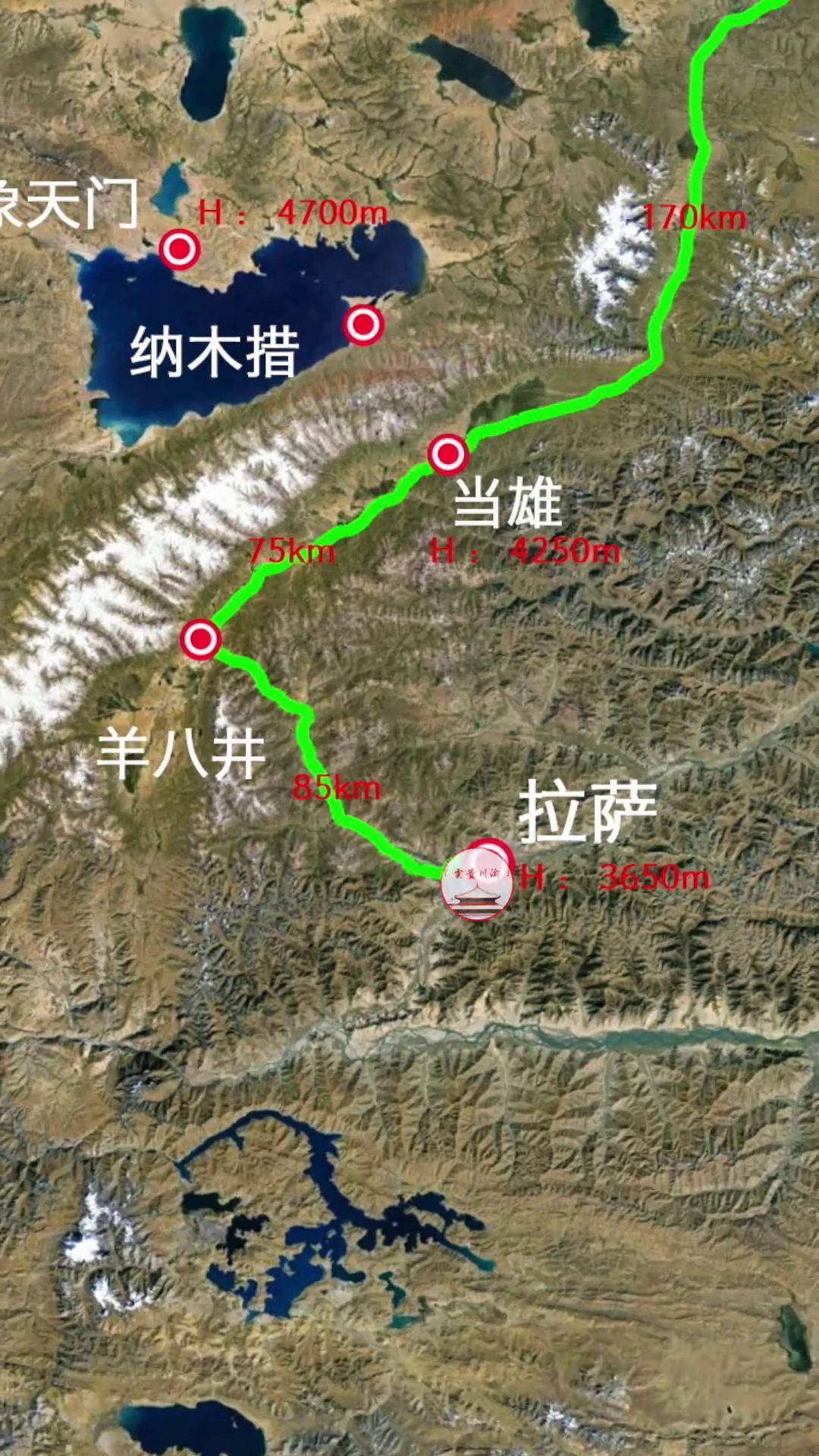 青藏线g109自驾路线图,简单明了,拉萨到格尔木全程都处在高海拔地区