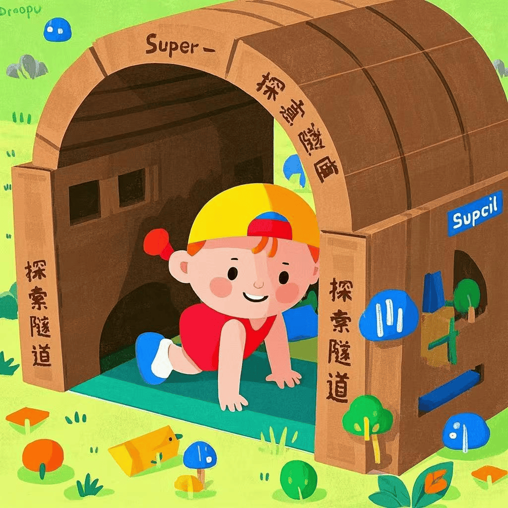 蹲下与宝宝平视,用夸张语调鼓励:"小火车要钻山洞啦!"游戏