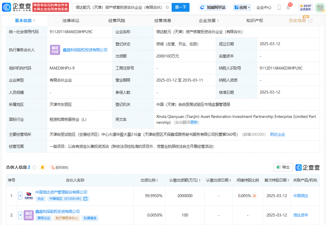 中国信达等200亿在天津成立资产修复投资合伙企业