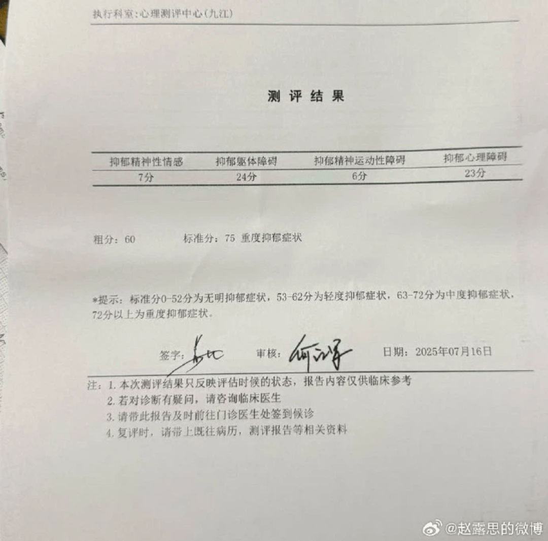 赵露思晒出的抑郁症检测报告 意味着什么?