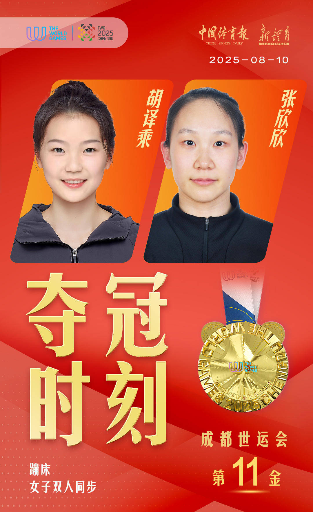 中国队夺得成都世运会蹦床女子双人同步金牌