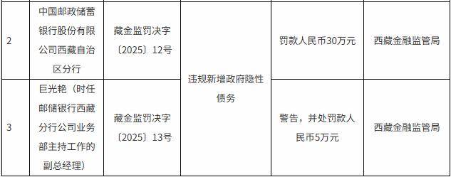 罚金30万元、1名责任人领罚:一银行违规新增政府隐性债务_西藏自治区_分行_地方