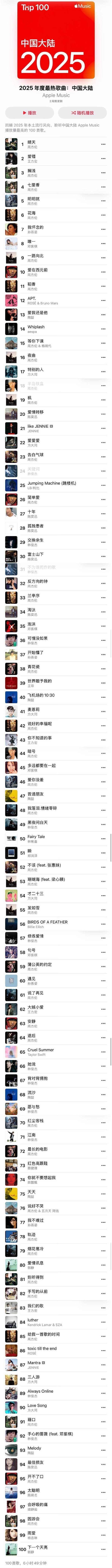 苹果音乐2025中国大陆百大金曲榜，周杰伦霸榜-百货之家