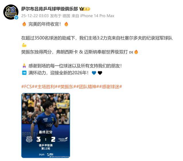 樊振东独得2分，率队德甲年终完美收官