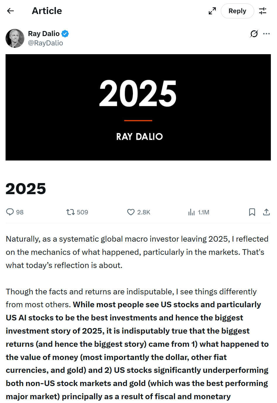 达利欧年度复盘：美元贬值，美股高回报只是“计价幻觉”，黄金跑赢一切_搜狐网