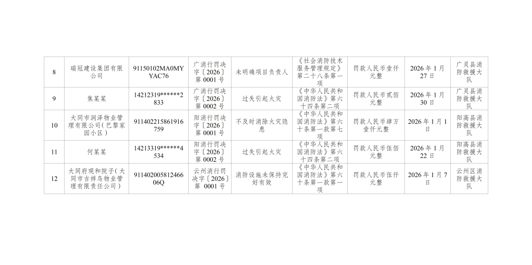 大同市消防救援支队2026年1月行政处罚,行政许可公示