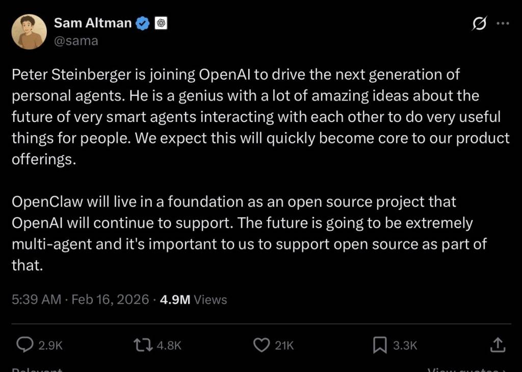 OpenClaw创始人Peter Steinberger加入OpenAI