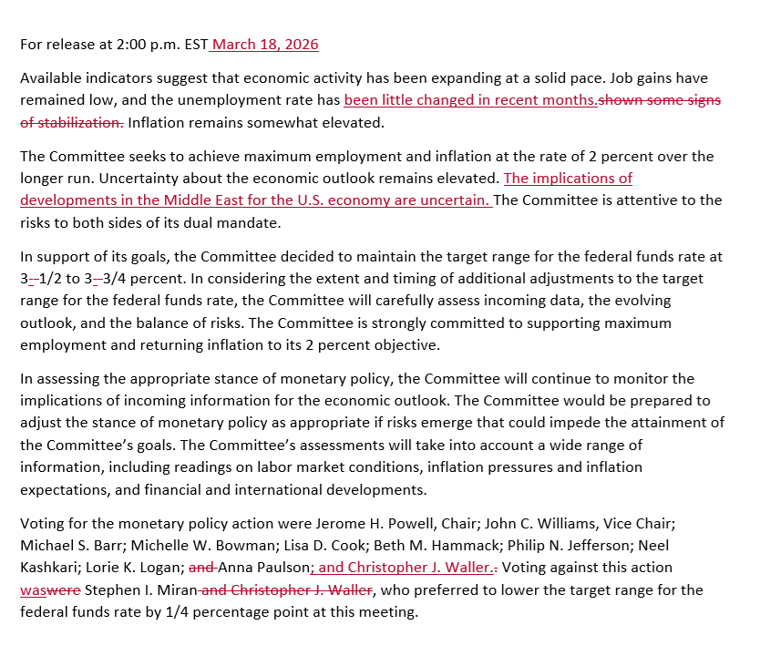美联储如期继续按兵不动，指出中东影响不确定，上调通胀预期，仍预计今年降息一次