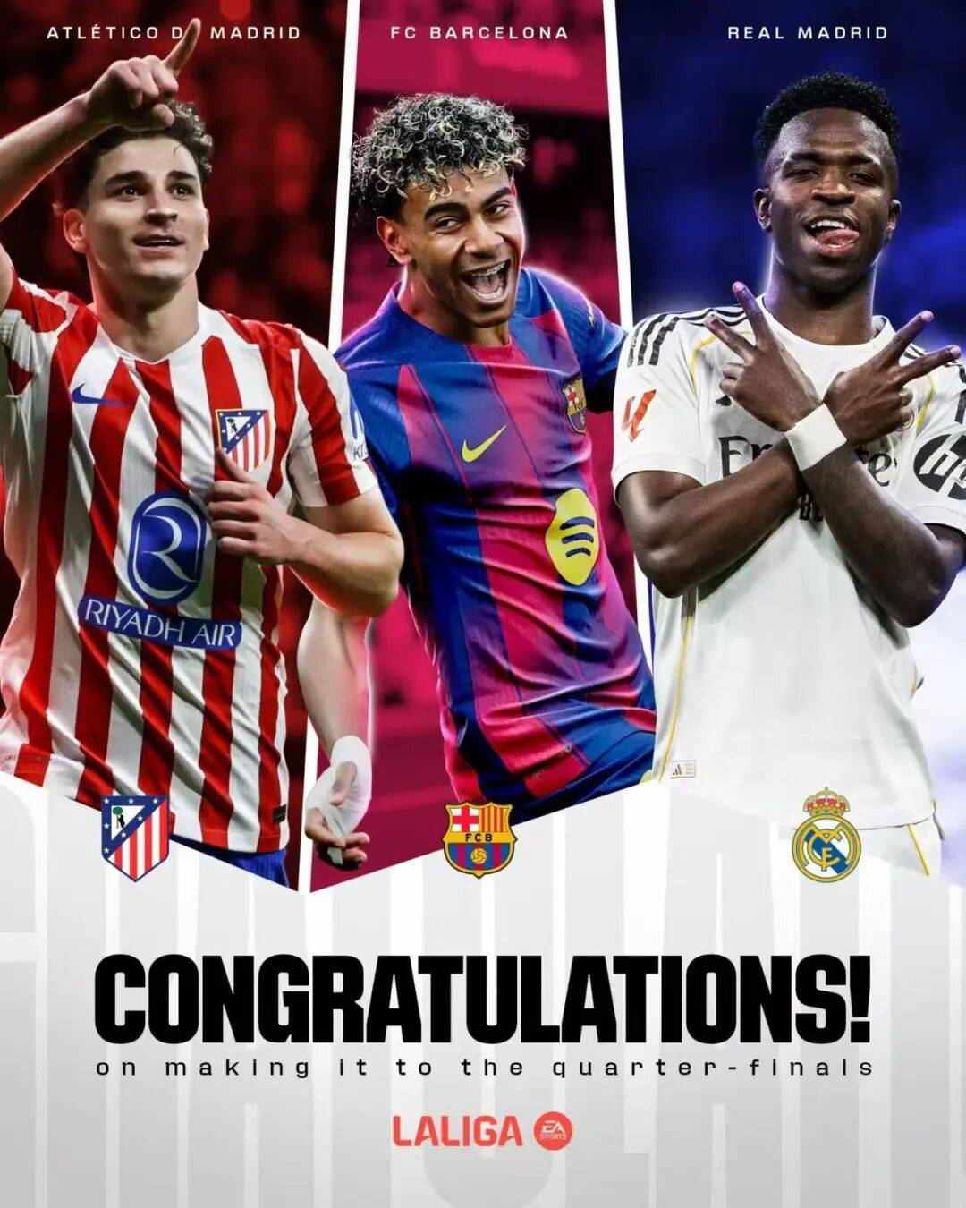 欧冠赛场巴萨7-2大胜纽卡，马竞总比分7-5热刺，西甲三强全部晋级八强！