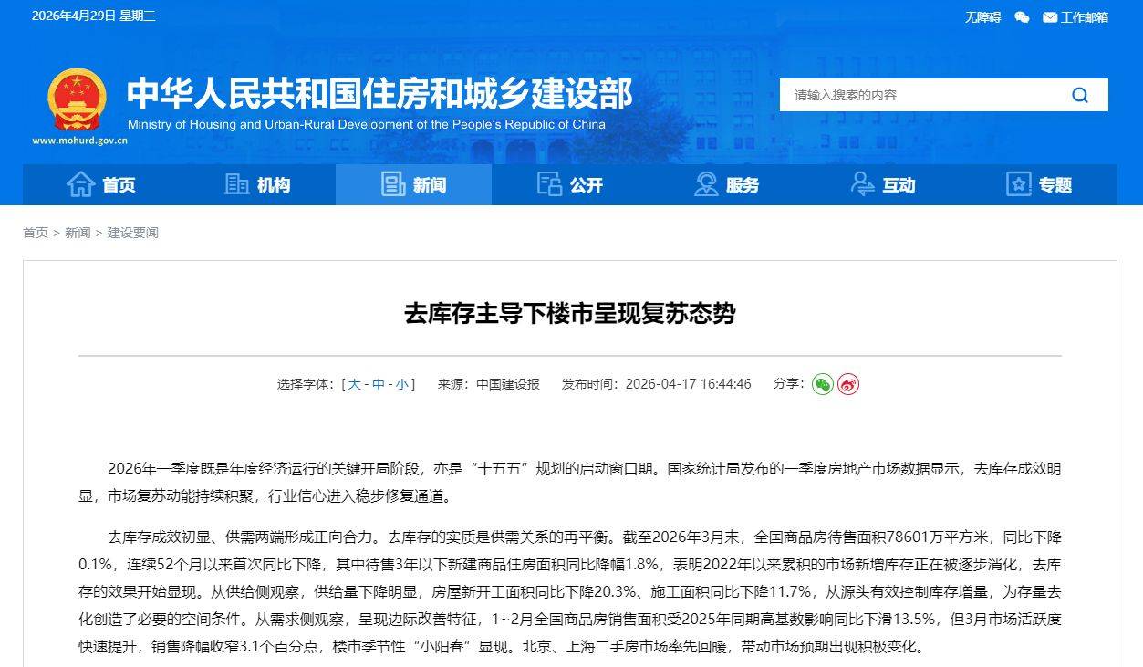 商品房库存52个月以来首次同比下降，房地产市场迎来积极信号