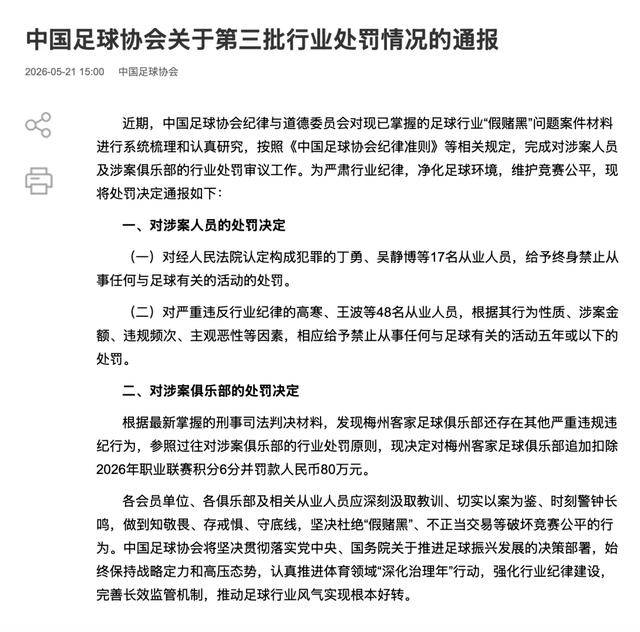 17人被终身“禁足”！中国足协开出大罚单