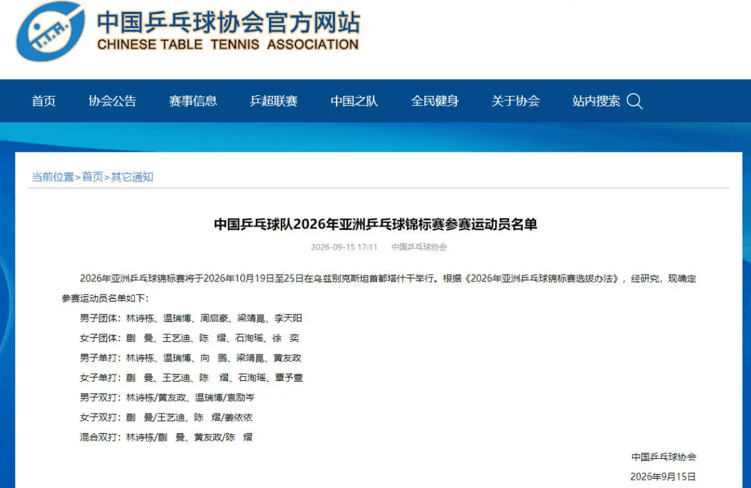 国乒亚锦赛名单出炉！河南选手入选，一人身兼三项