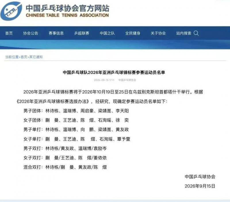 国乒亚锦赛名单出炉，林诗栋、蒯曼、陈熠身兼四项