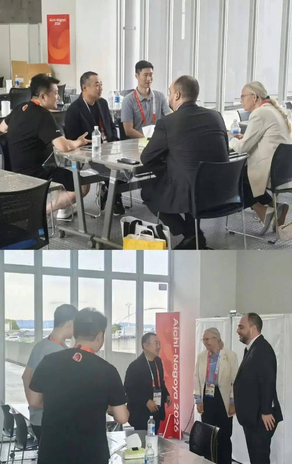 刘国梁现身名古屋亚运赛场，和王励勤围坐座谈，国乒冲击7金迎来强力后盾